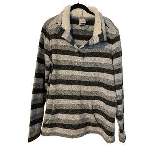 Avalanche Sweater Womens XL  Black Gray Heathered Pullover Sherpa Collar Striped